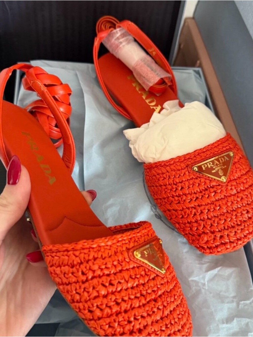 Prada Women’s Orange Raffia Lace-Up Flat Espadrilles Authentic NIB Size 5 - Picture 7 of 9